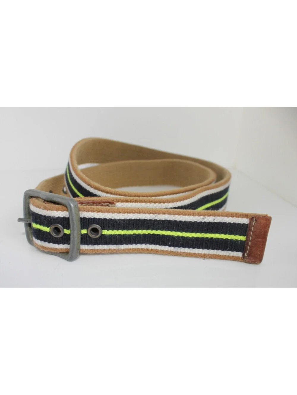Y2K American Eagle Men Reversible Canvas Belt 40 Tan Navy Neon Green Stripe Web